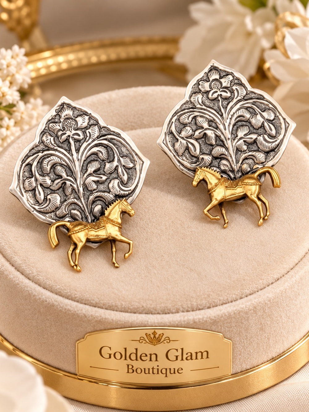 Two-Tone Horse Motif Statement Earrings - Silver & Gold